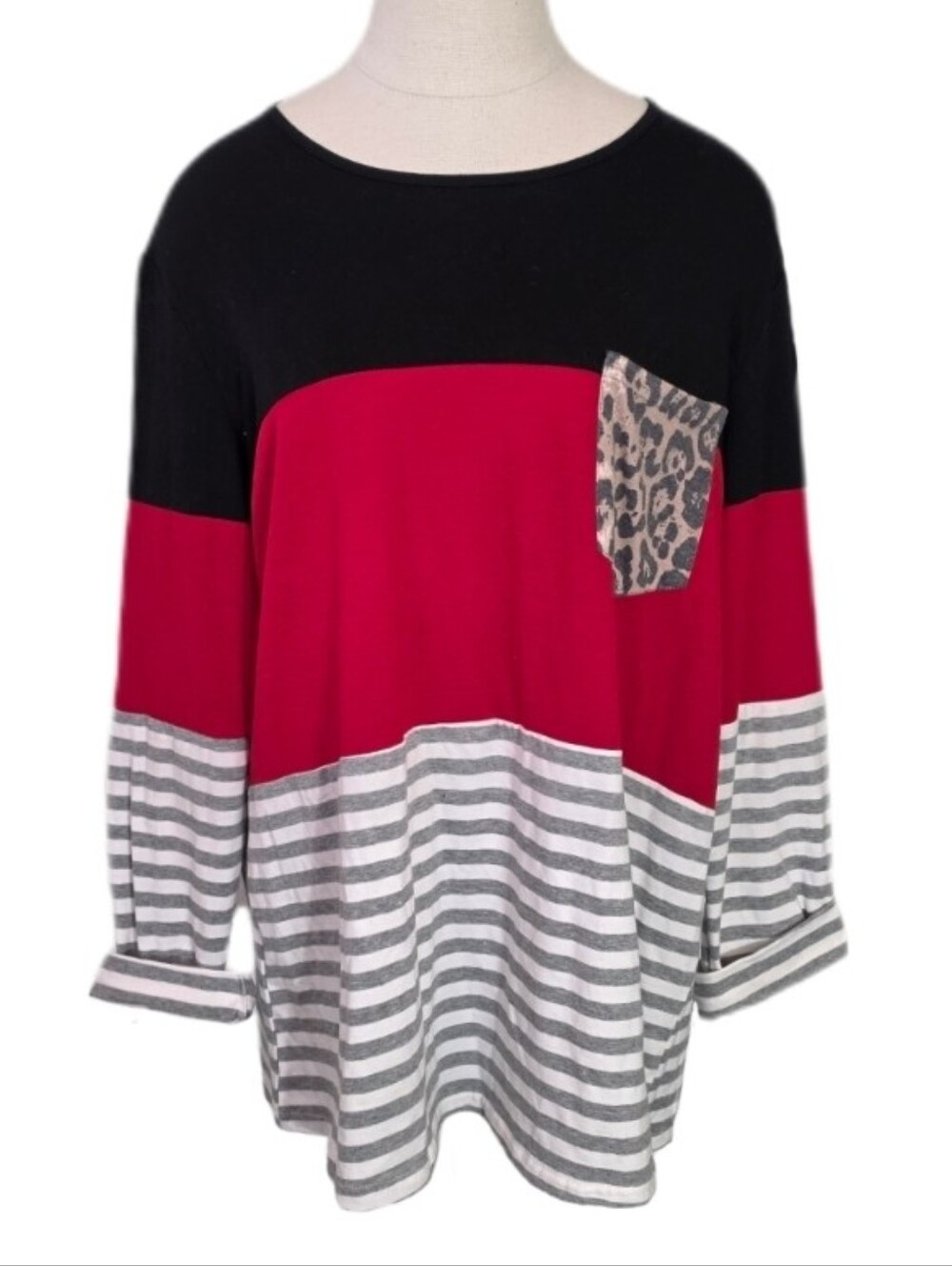 Southern Stitch Top Colorblock Patchwork Stripe & Animal Print Red Size L